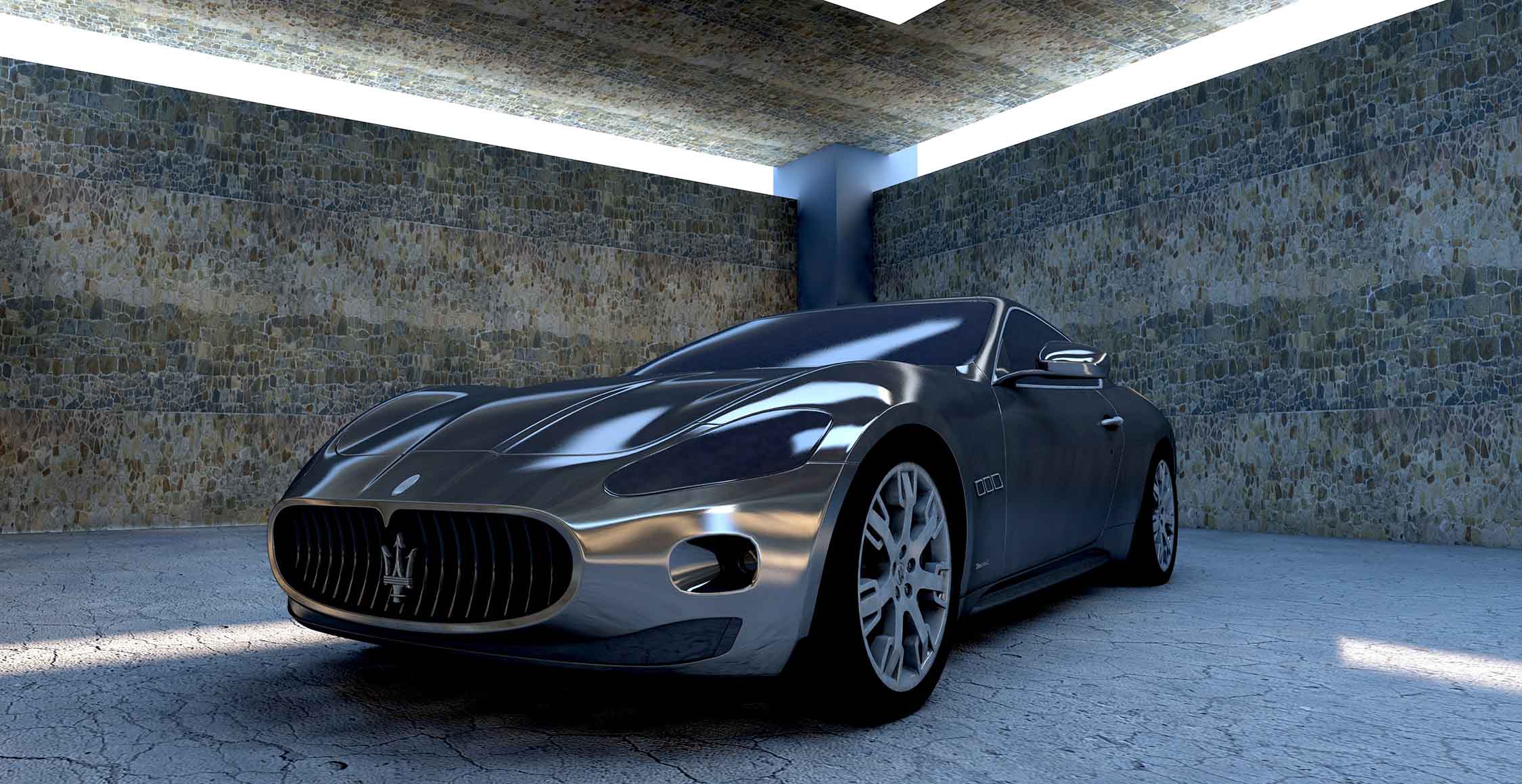 Maserati GranTurismo parked in a stone-walled showroom