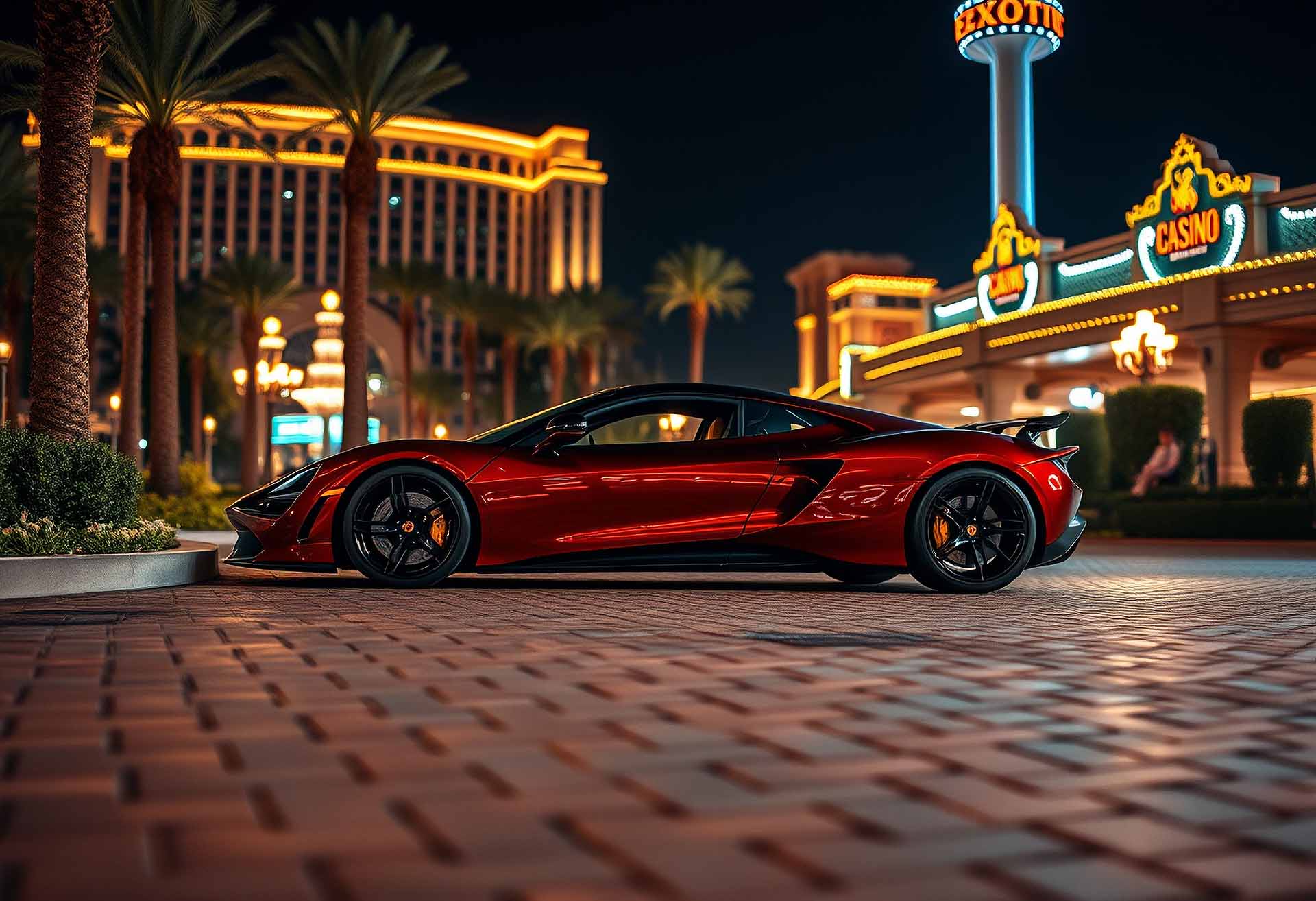 Red performance supercar on the Las Vegas strip at night