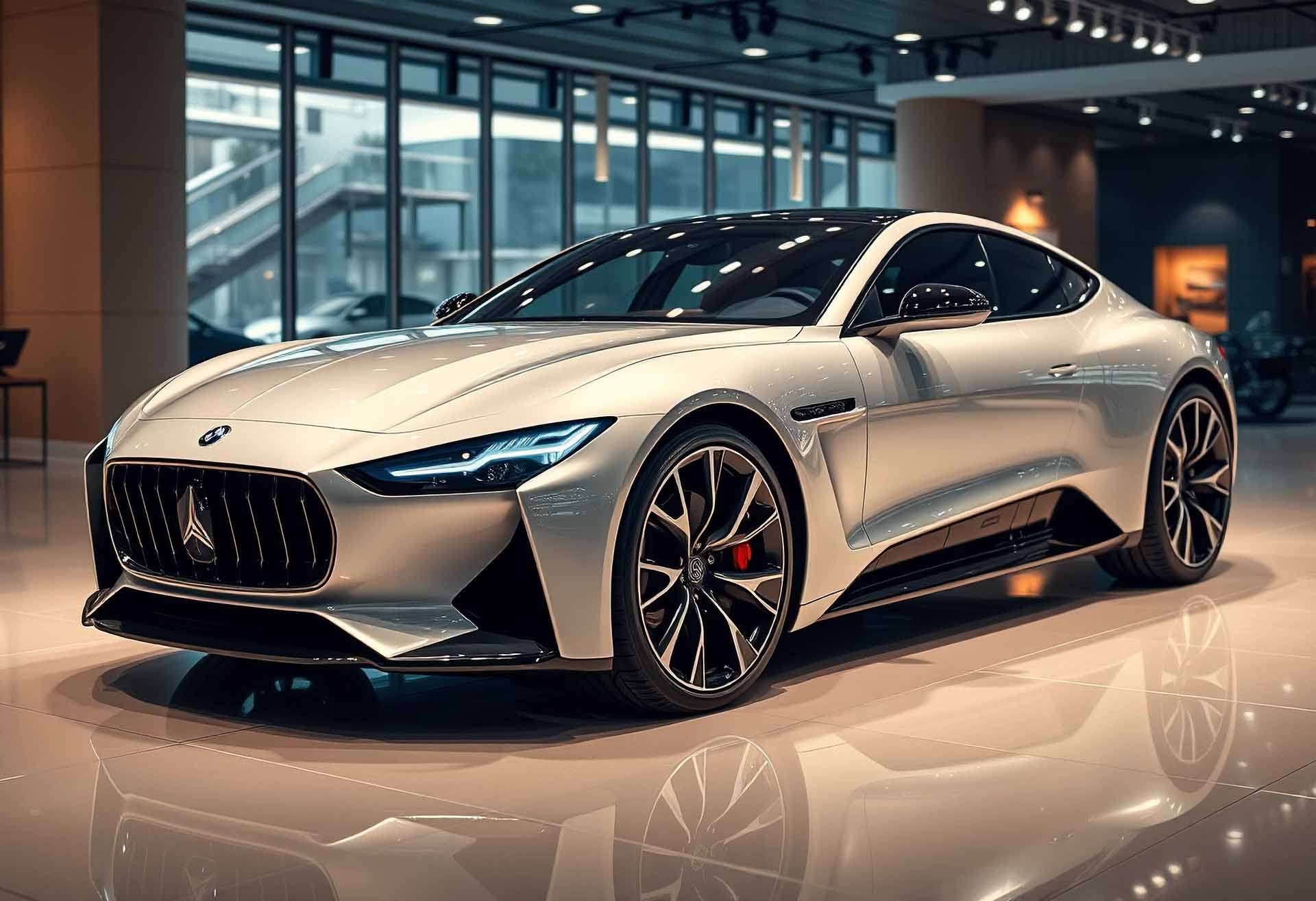Luxury coupe on display in a modern showroom