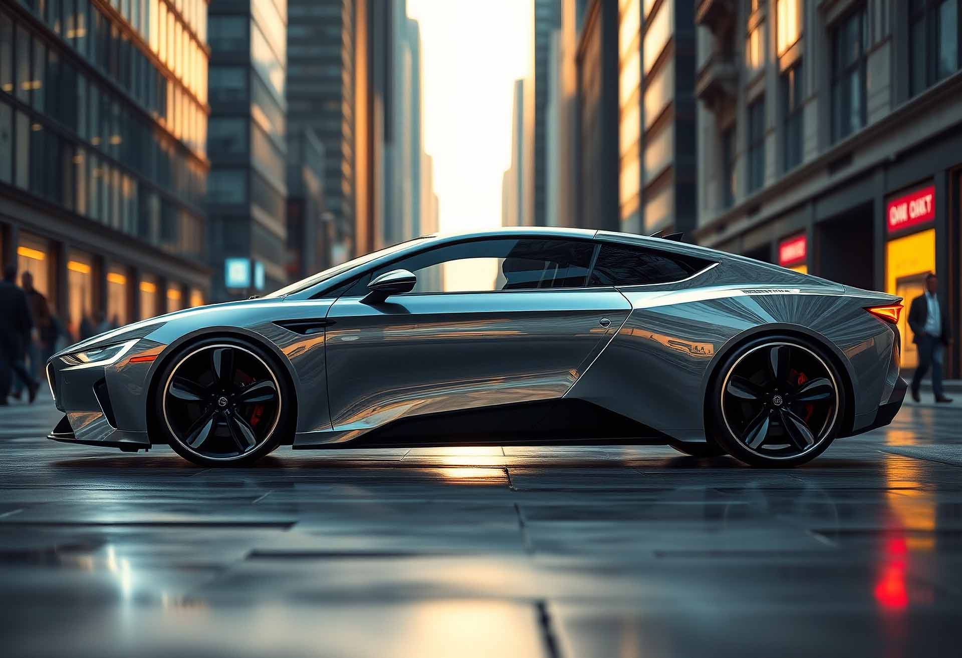 Grand tourer parked on a city street at golden hour