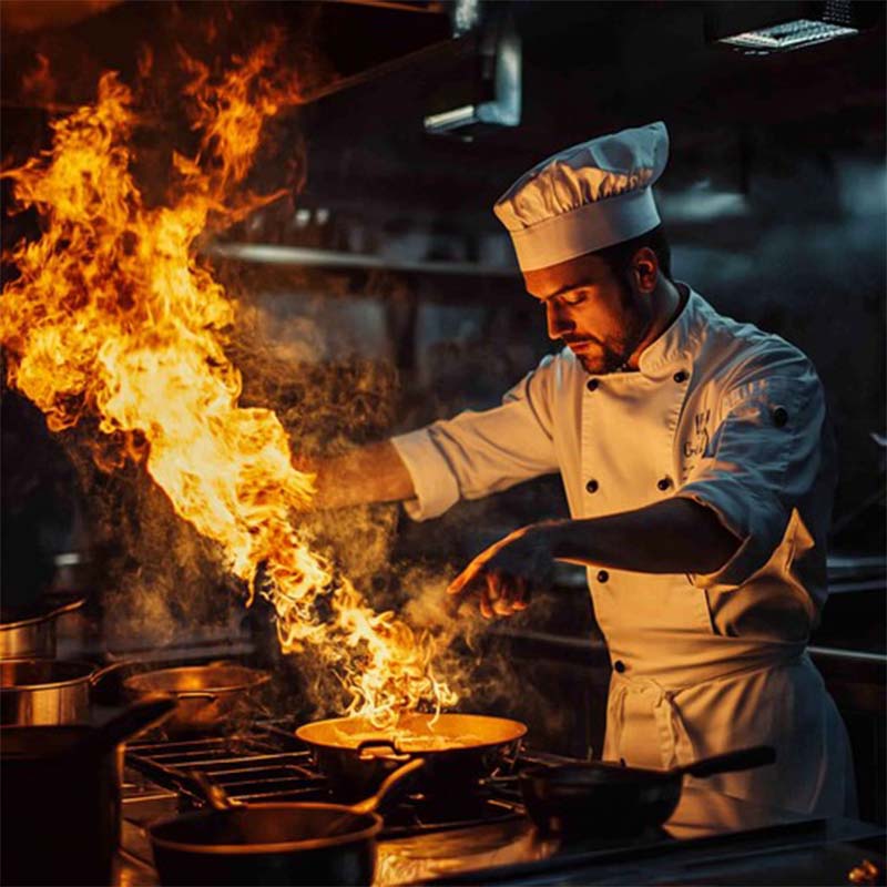 Chef preparing a dish over an open flame