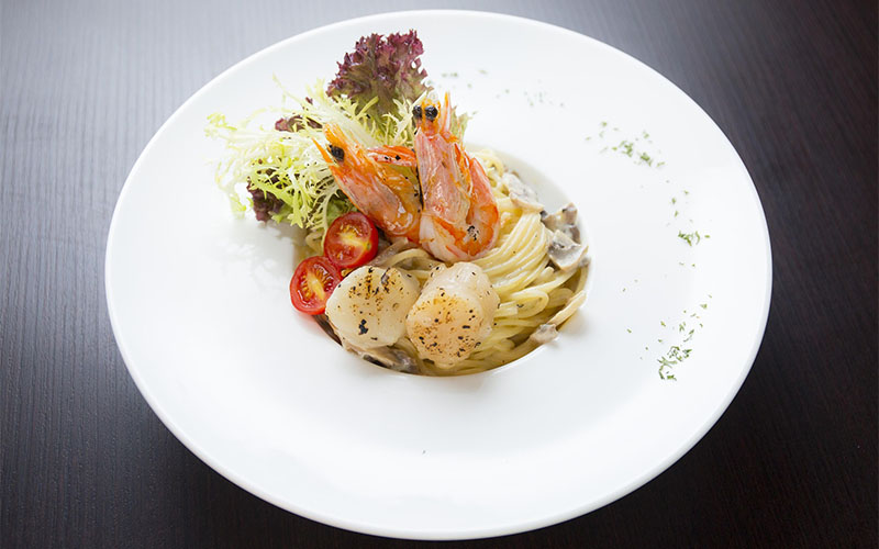 Seafood pasta plated at Trenhew