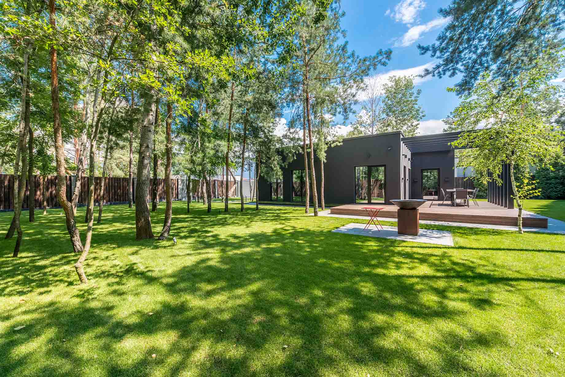 Beautifully landscaped backyard with lush green lawn
