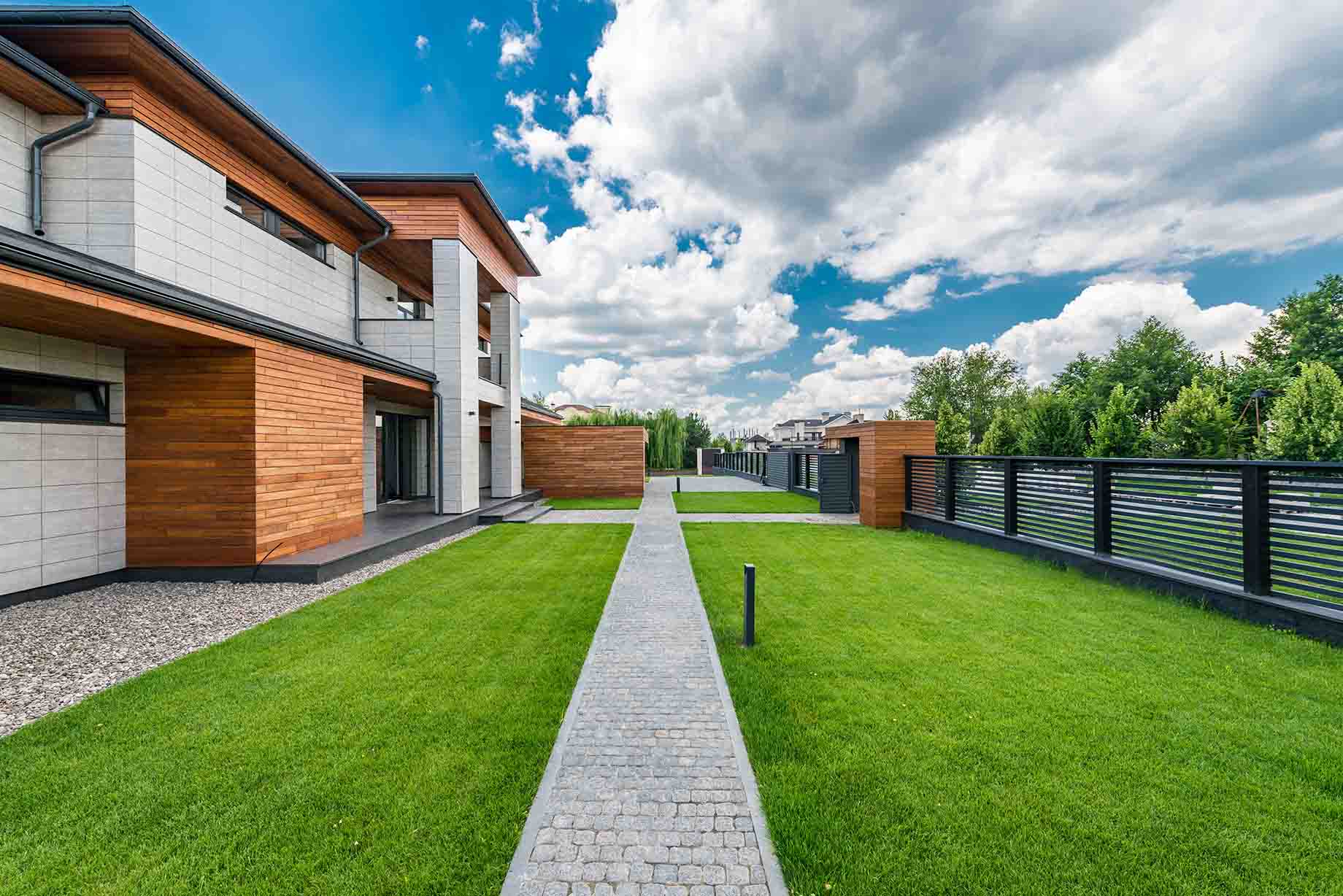 Freshly maintained lawn and walkway